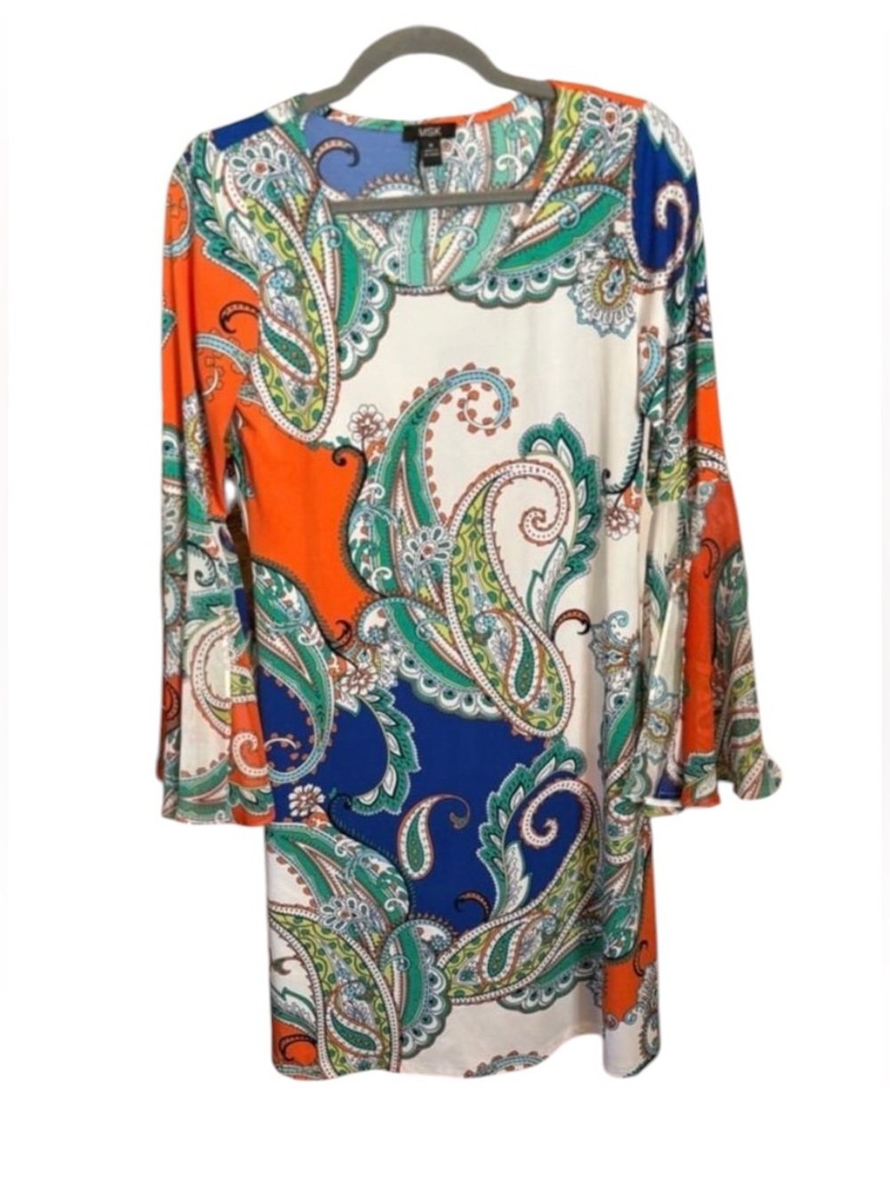 MSK Vibrant Paisley Long Sleeve Tunic Dress - Orange, Blue, Green